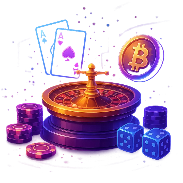 Premium futuristic casino scene with glowing chips, holographic cards, neon dice, and jackpot elements.