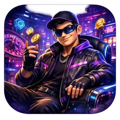 3D illustration of a futuristic crypto-casino mascot in a neon-lit cyberpunk environment with a confident and playful demeano