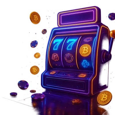 Luxurious neon casino with Bitcoin-themed slot machine and vibrant crypto symbols.